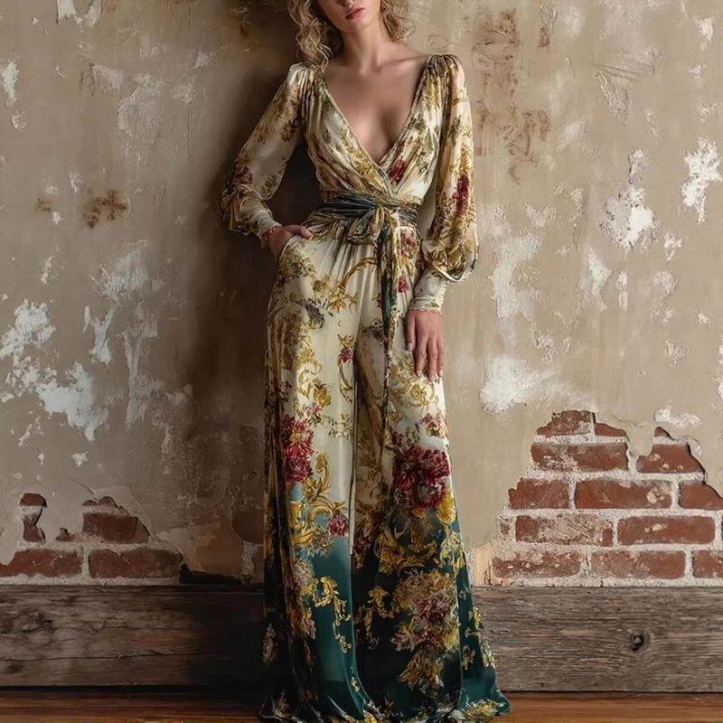 и Американская Трансграничная Внешняя Торговля Женская Одежда Весенне-Летняя Мода Сексуальный Глубокий V Фонарик Рукава Ретро Принт Шнуровка Широкие Штанины Комбинезон Yellow Green [Spot] S