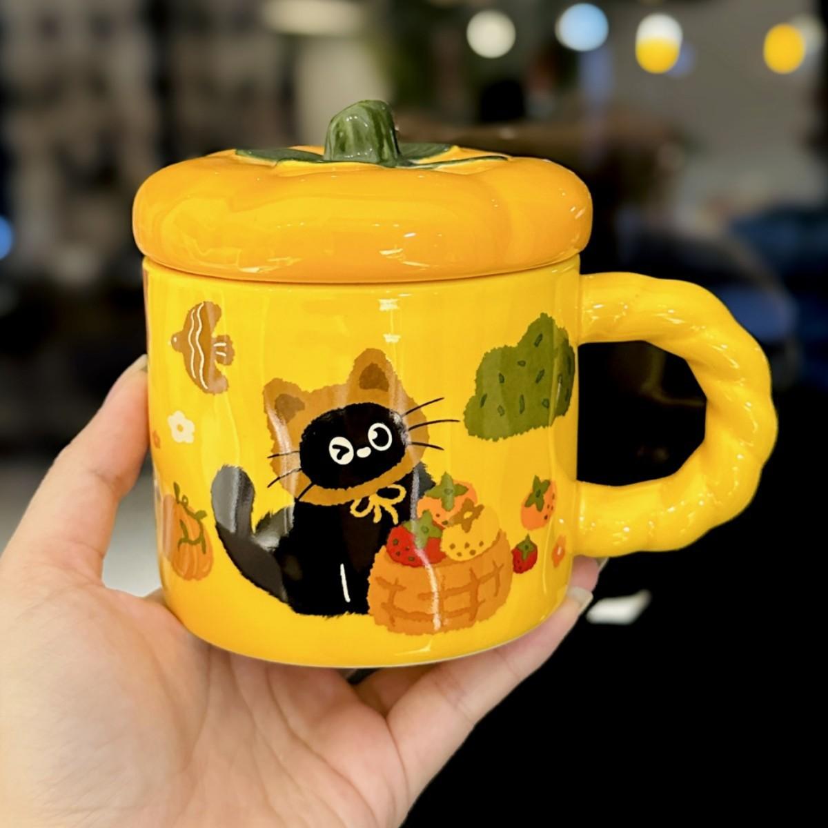 Cartoon Cute Persimmon Mug With Lid Cute Kitten Ceramic Water Cup Creative Office Coffee Cup Souvenir About 350ml