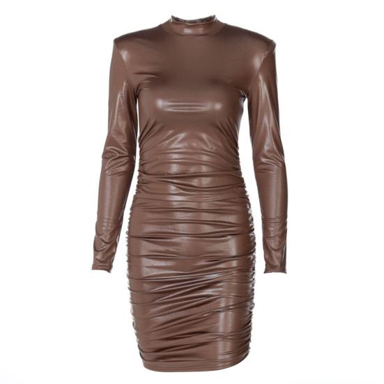 

Turtleneck Long Sleeve Hip Wrap Pleated Bodycon Dress Autumn Faux Leather High L светло-коричневого