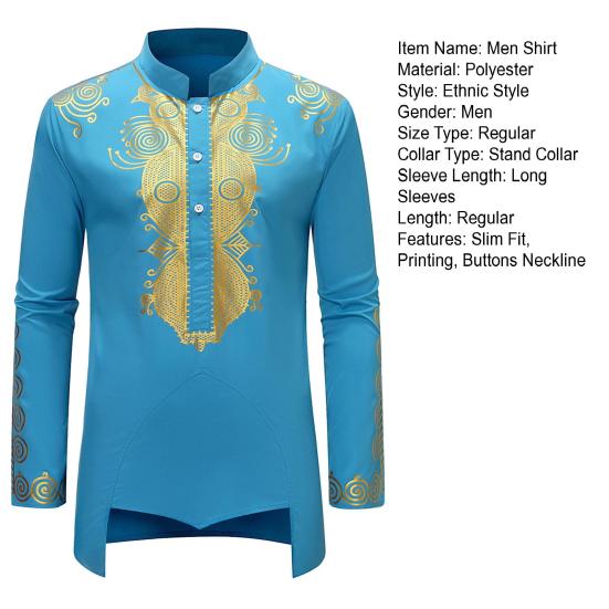 Camisa masculina primavera outono estilo étnico gola alta botões decote manga comprida pulôver tops estampa frente costas baixas camisa alta