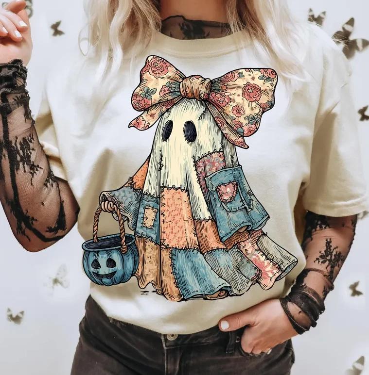 Trendy Blue Denim Patchwork Spooky Ghost Coquette Shirt, Halloween Boo Ghost Tee