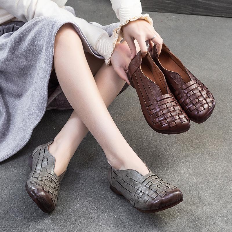 2026 Summer New Genuine Leather Hand Woven Patchwork Sandals Women Round Toe Flat Mules Comfortable Retro Casual Shoes