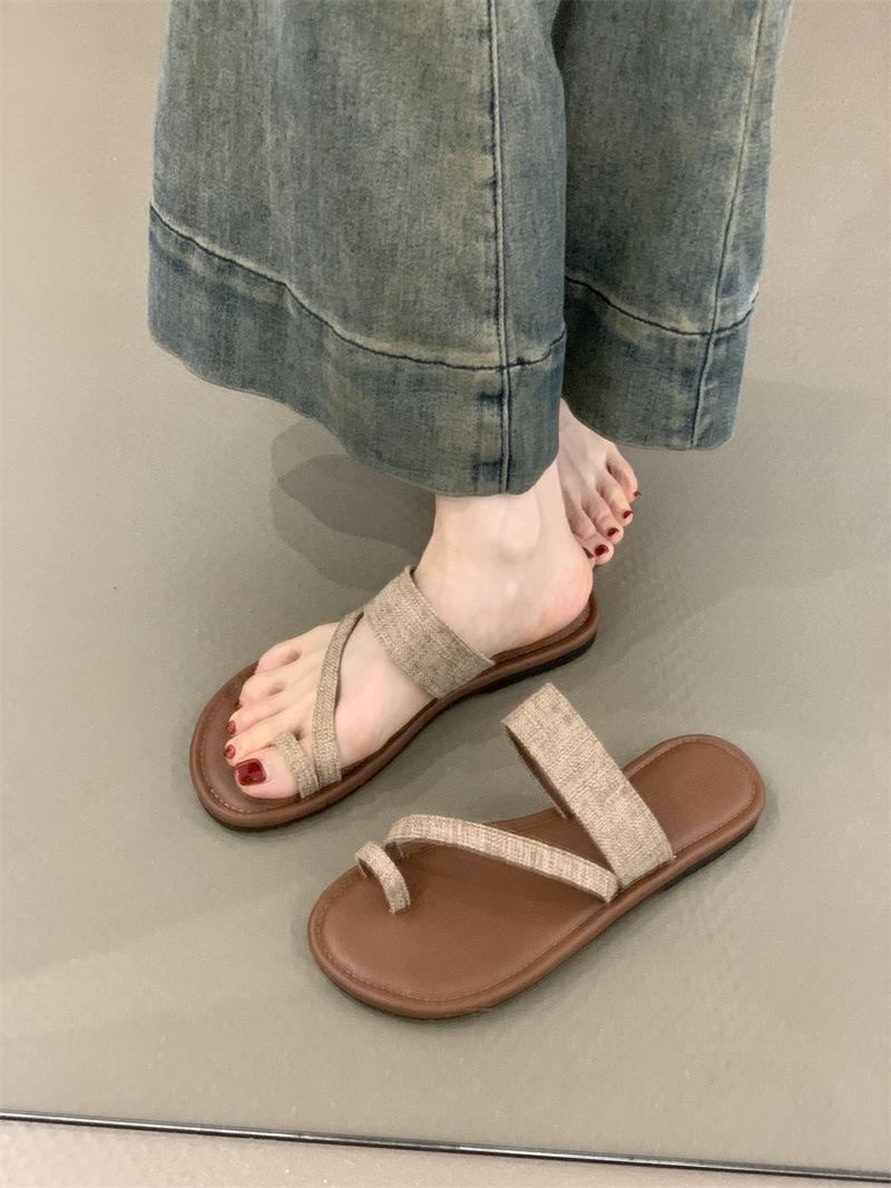 

Set of toe Roman sandals 2025 summer Korean version ins style linen toe holiday beach flat cool slippers women 35 хаки