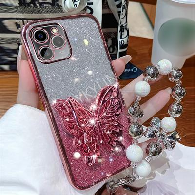 3D Butterfly Phone Holder Bead Bracelet Glitter Plating Case For Samsung Galaxy M55 M14 M54 M23 M52 M31 M21 M30S M51 Stand Cover