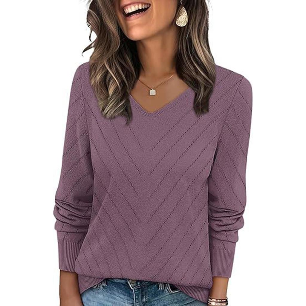 Women's V-Neck Hollow Out Knit Sweater Long Sleeve Loose Fit Casual Color Top