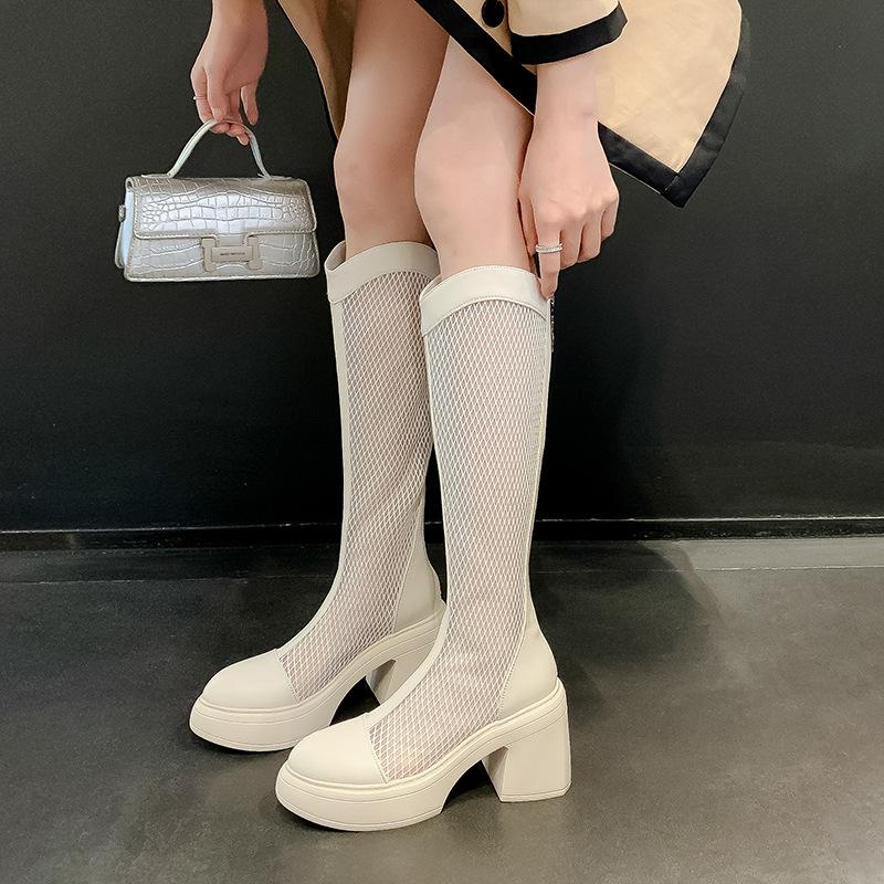 10CM ultra-high heel waterproof leather mesh boots 2025 new thick-soled thick-heeled splicing but knee boots cool boots