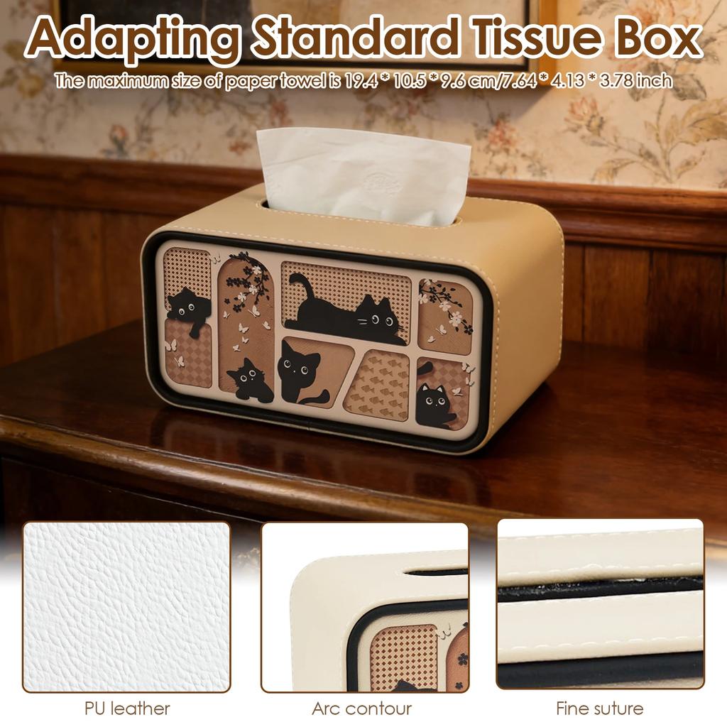 Tissue Box Cover Cat Themed Rectangular Paper Tissue Holder PU Leather Waterproof Paper Tissue Dispenser for Office Home Car