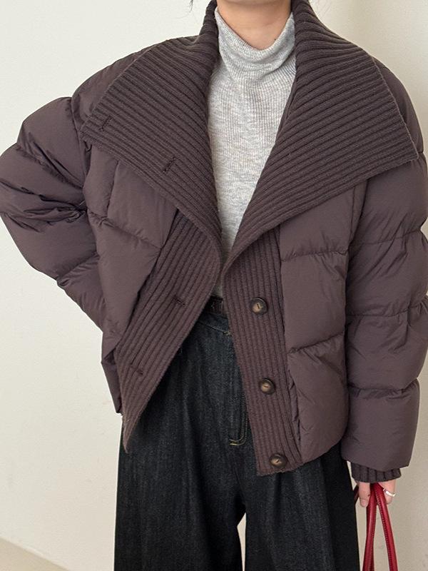 2026 Winter Women's Knit Patchwork White Duck Down Jacket - European & American Fashion Loose Fit Warm Outerwear