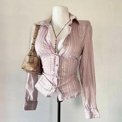 2KWEIRD Stripes Hot Girl Maiden Classic Pink Y2K Fashion Woman's Clothing Casual Shirts Harajuku Long Sleeve Vintage Chic Classic Tops