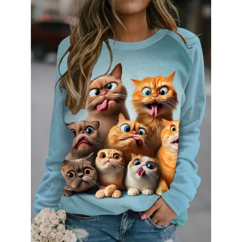 Digital Printed Pullovers Cartoon Cute Cat Autumn Winter Women's Round Neck Casual Long Sleeved Sweatshirt