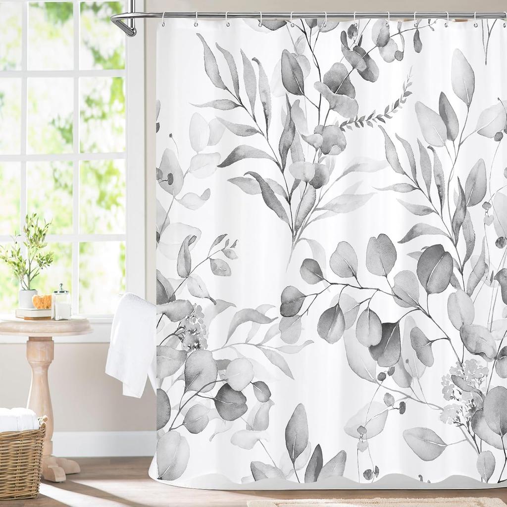 Pink Spring Floral Shower Curtain, Watercolor Eucalyptus & Botanical Plants, Modern Chic Bathroom Decor With Hooks