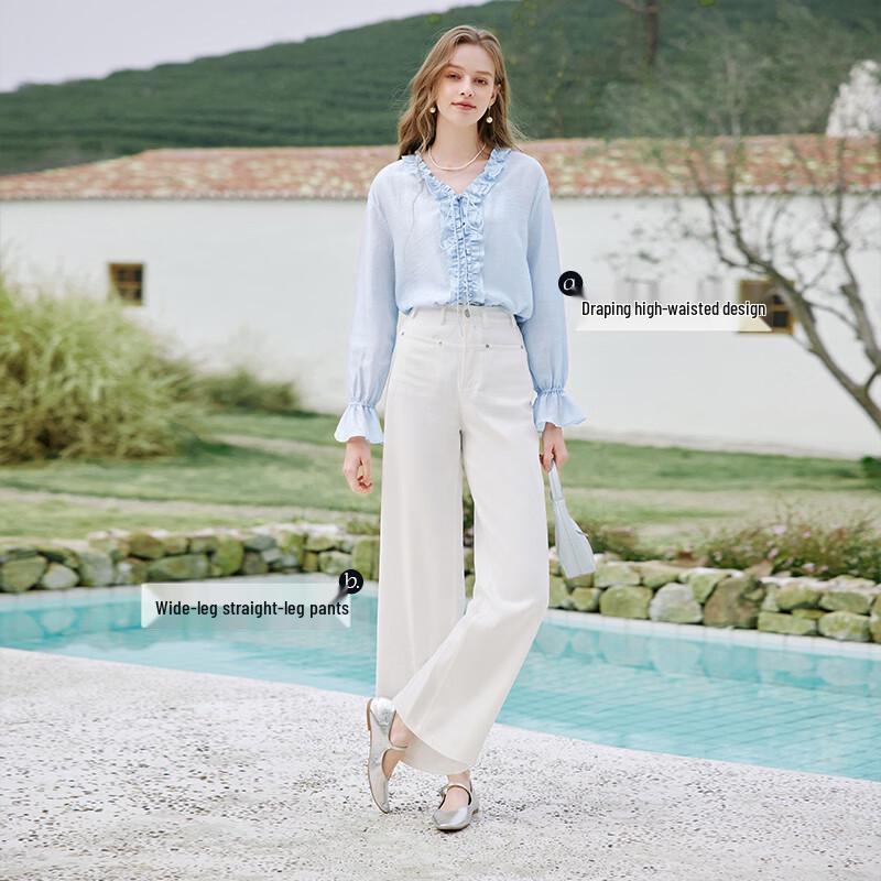 Xiangying Women's Tencel Cotton High-Waist Straight-Leg Pants