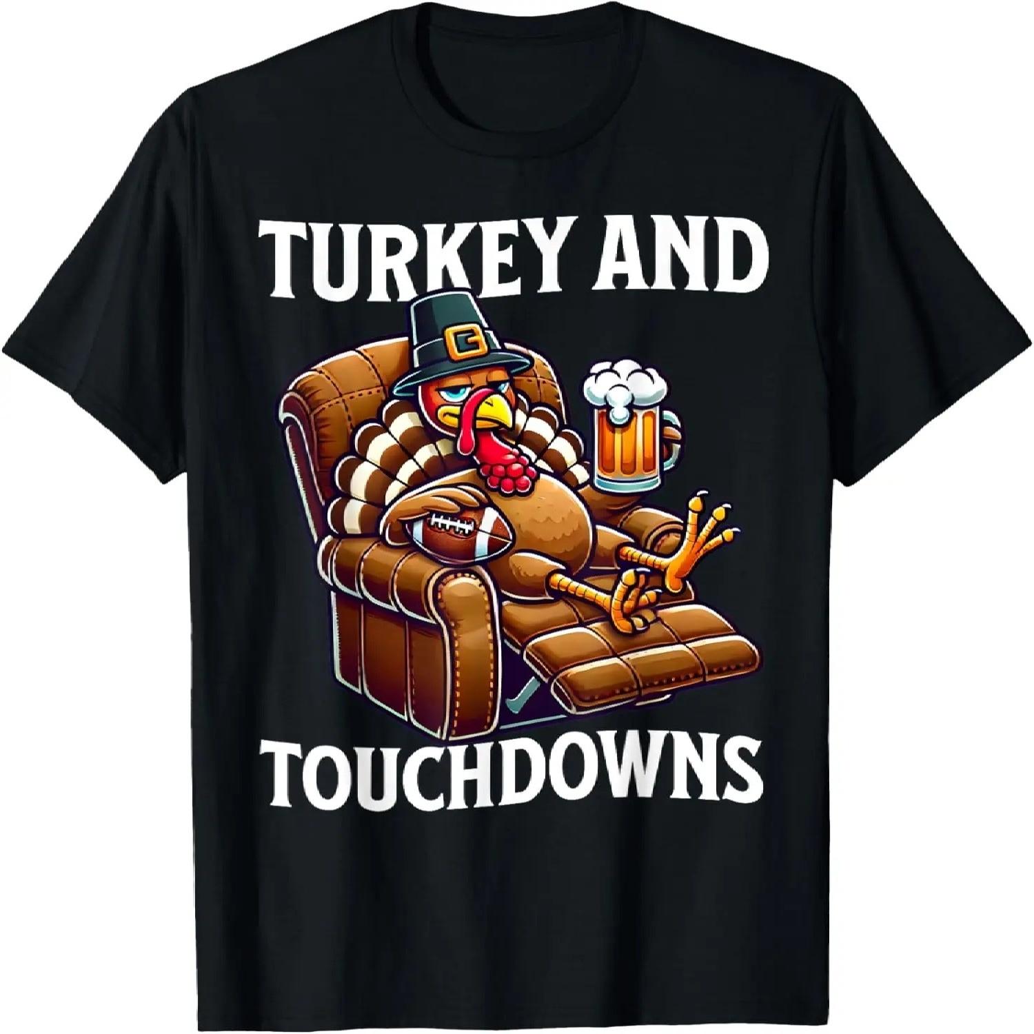 Turkey and Touchdowns Thanksgiving Football Dad Funny Beer T-Shirt S чёрный