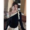 Sweet and spicy slant-neck off-the-shoulder knitted bottoming shirt women's spring contrasting top slim-fitting sweater