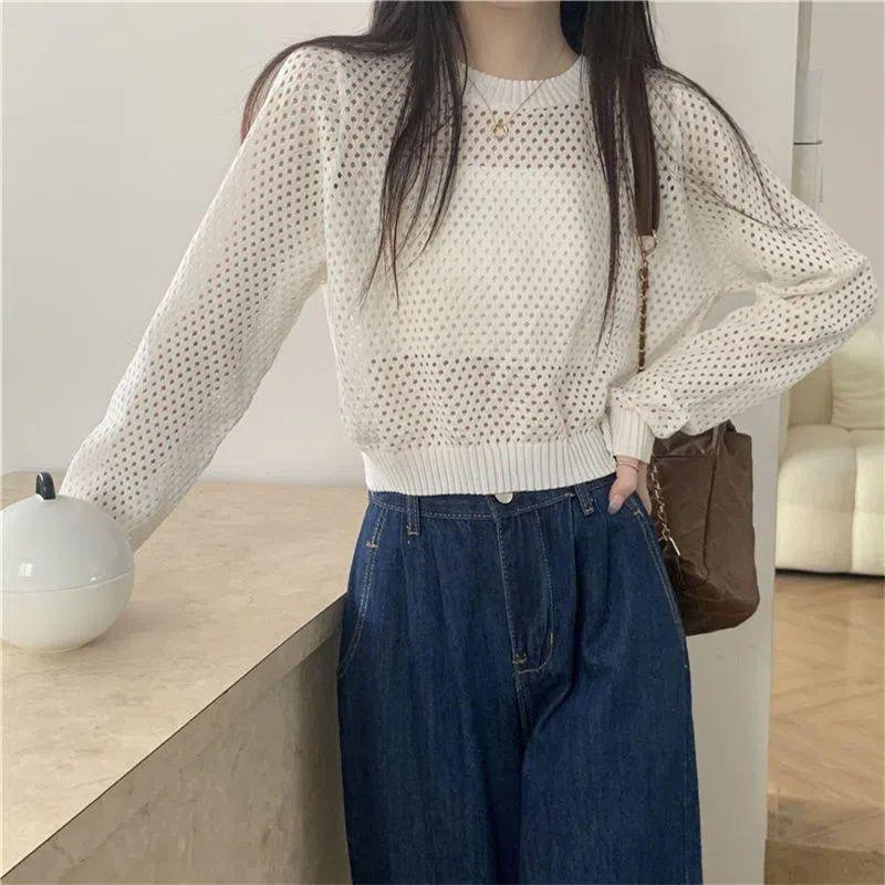 Long Sleeve Thin Hollow Out Sun Protection Cardigan Knitwear Women's Summer Designed Niche Loose Air-Conditioning Shirt Short Top