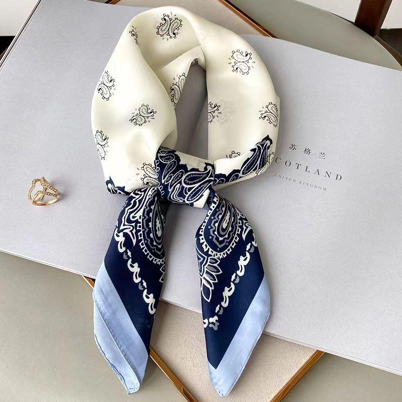 High-End Women's Lightweight Silk Square Scarf - Temperament Print Neckerchief for Neck Protection and Decoration.