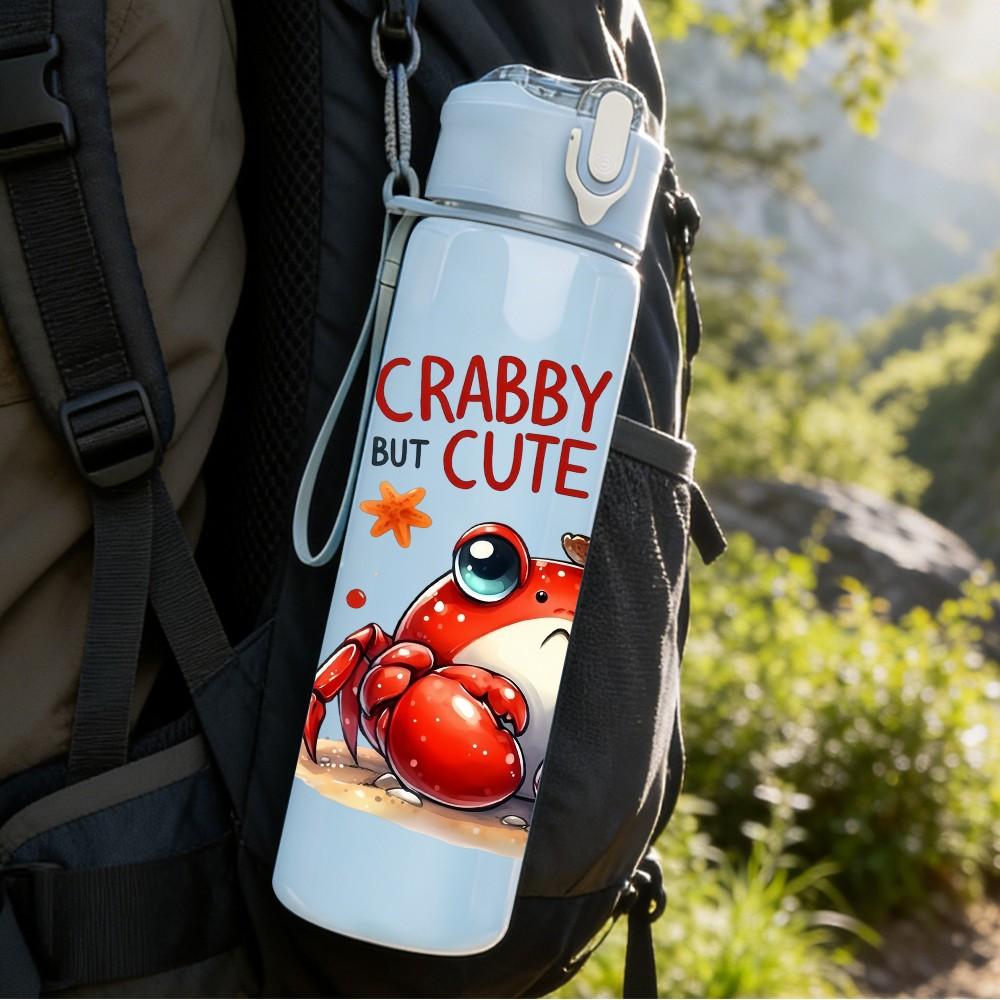 1PC Crab Seafood Summer Cartoon Print 750ml Color Plastic Sports Water Bottle Leakproof Flip Straw Lid Suitable for Sports Office Home Use