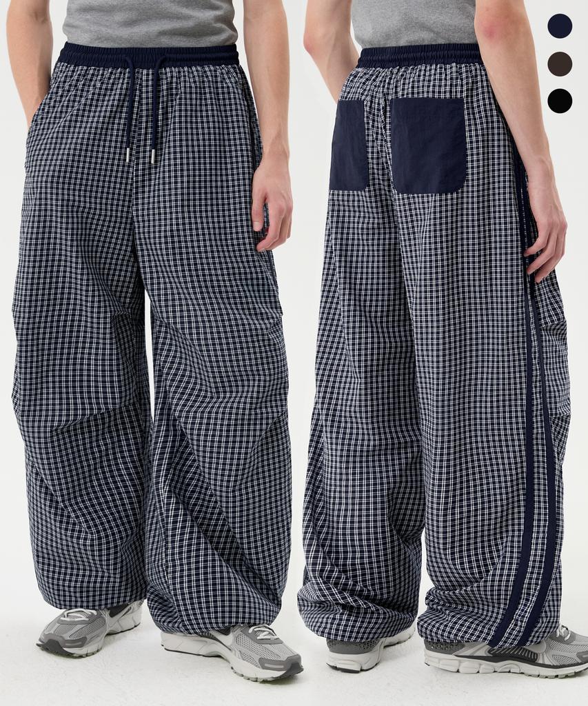 TRILLION Check Parachute Track Line Wide Pants_3Color