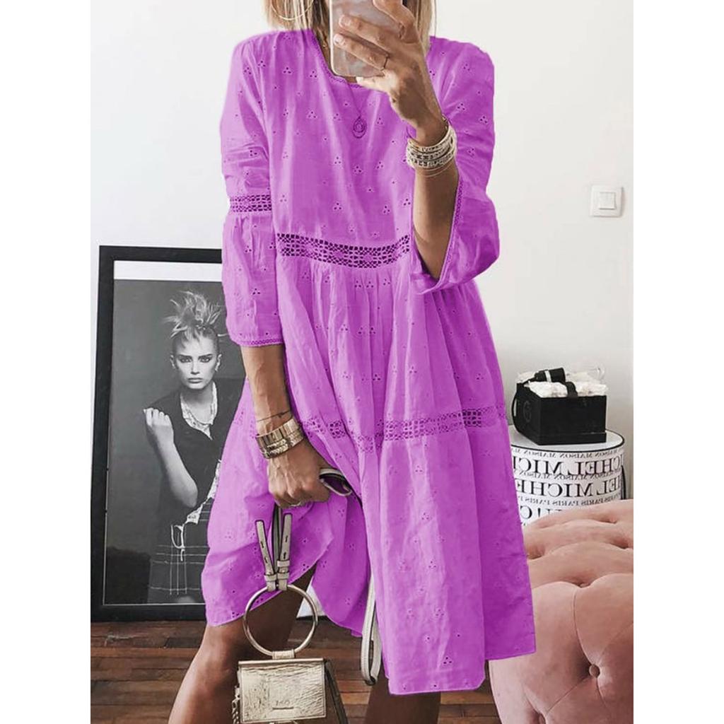 Spring Autumn Women's Plus Size Dress Lace Spliced Hollow Embroidered 3/4 Sleeve Casual Dress for European American Crossborder