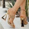 Fashion Plus Size Special Heel Sandals and Slippers Women's Square Toe Open Toe Rhinestone Clear One Strap Non-Slip Sandals