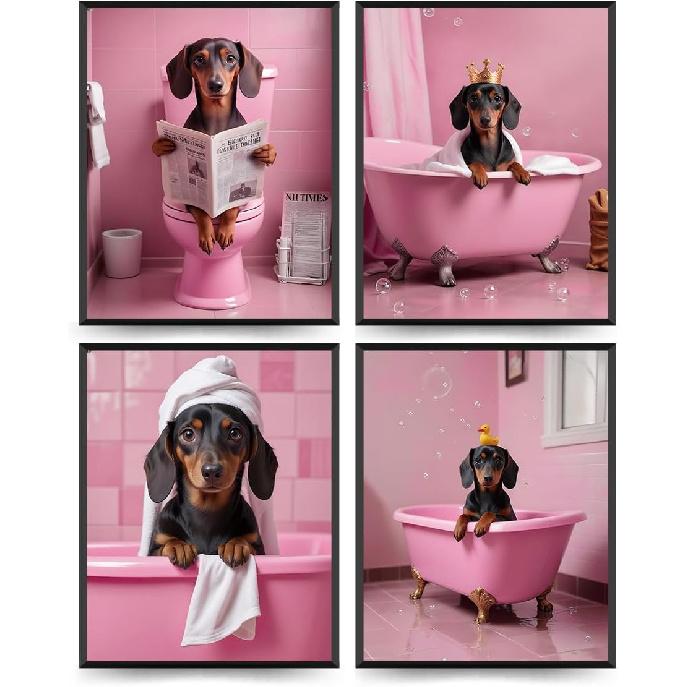 ETVISO Dachshund Bathroom Decor Set of 4, Funny Cute Bathroom Dachshund Dog Wall Art for Home (8x10 Unframed)