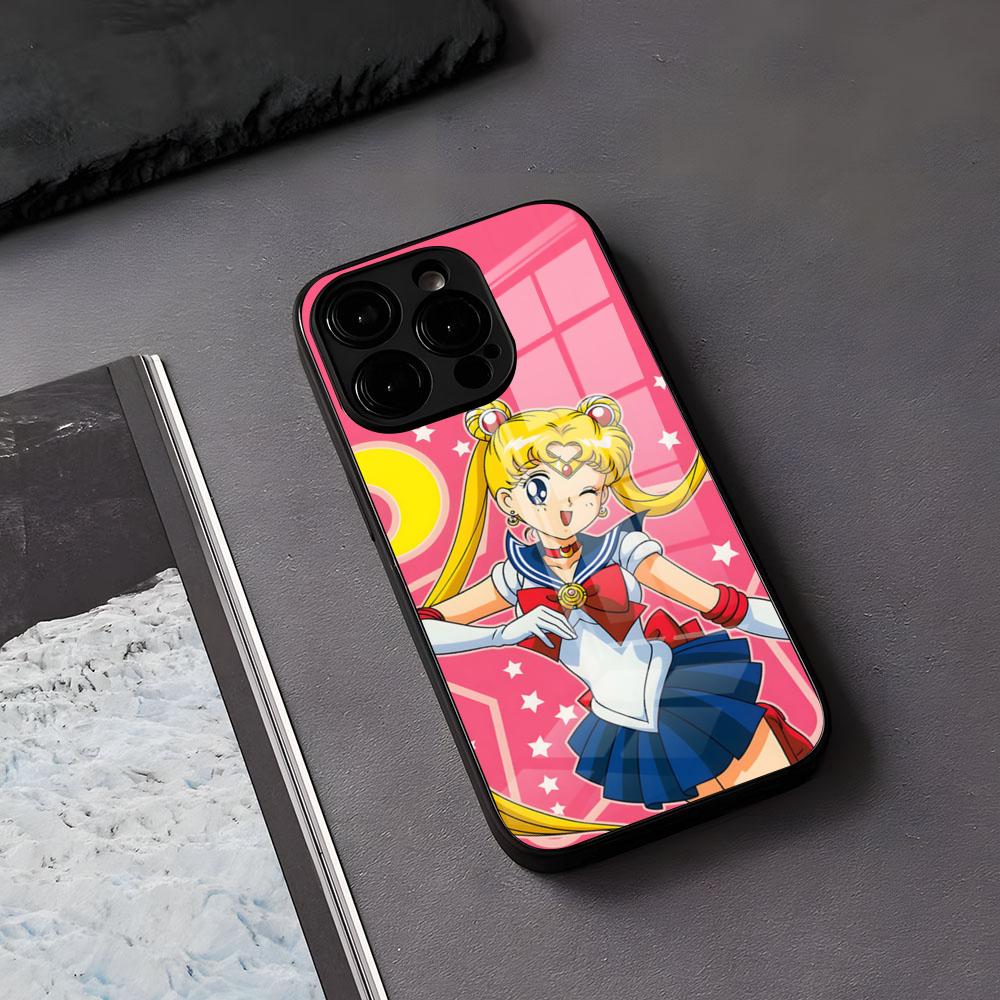 

Чехол для телефона аниме Сейлор Мун для IPhone 17 Air 16 E Pro Max 15 14 13 Mini 12 Pro 11 Max Plus Черная стеклянная крышка iPhone 13 Mini