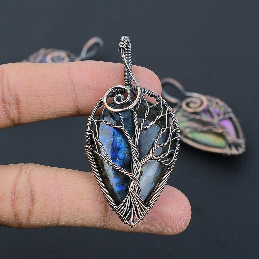 Natural Tree Of Life Labradorite Gemstone Copper Wire Wrap Pendant 2.56" h5Z62