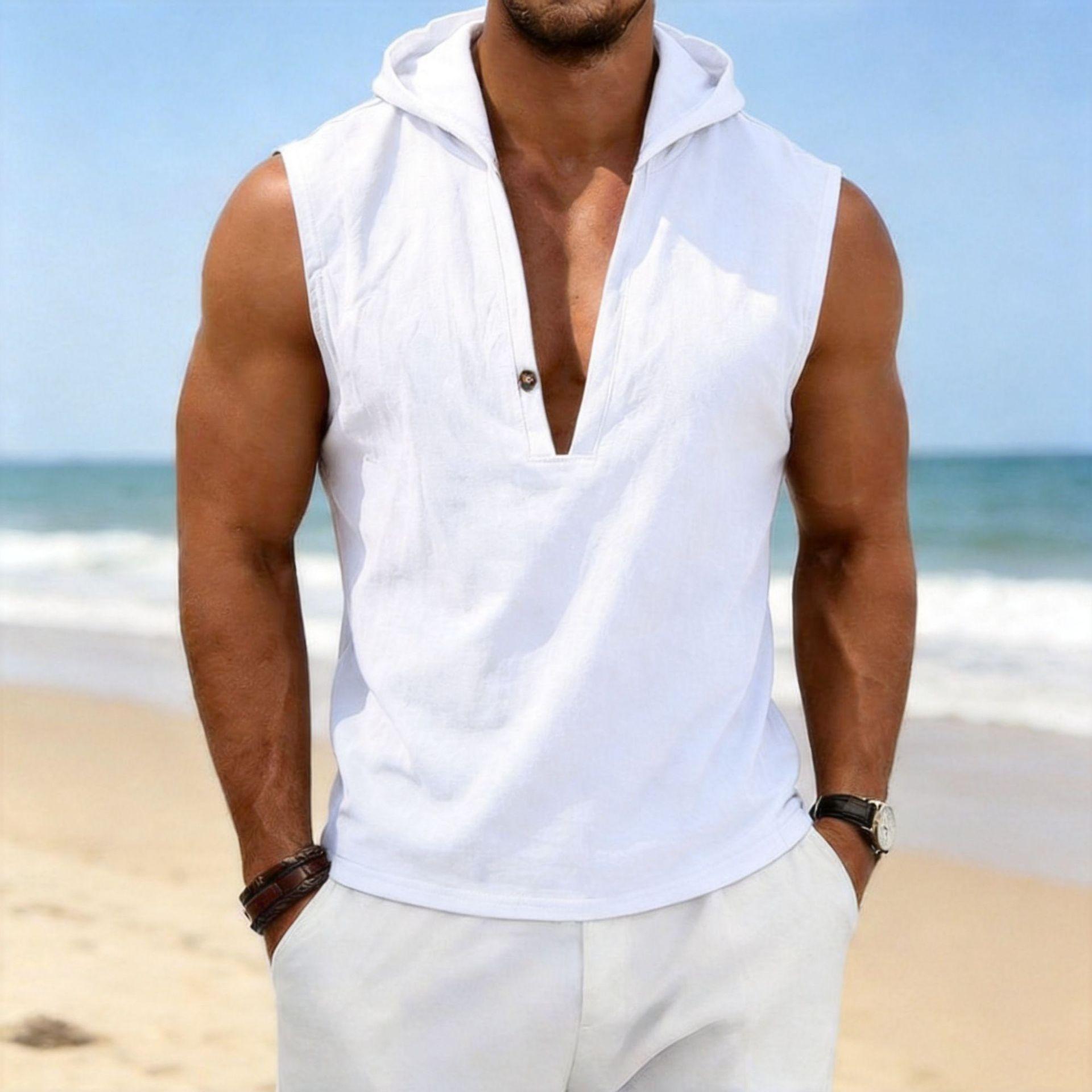 Men Casual Sleeveless V Neck Hooded Solid Color Slim Fit Summer Tank Top S