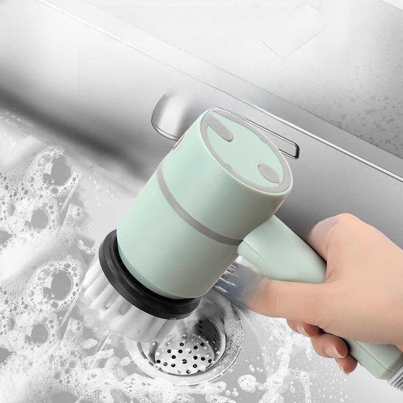 Multifunktionale elektrische Reinigungsbürste: Scheuerschwamm, Drahtbürste, Geschirrspül-, Schuh-, Tassen- und Flaschenbürstenköpfe enthalten.