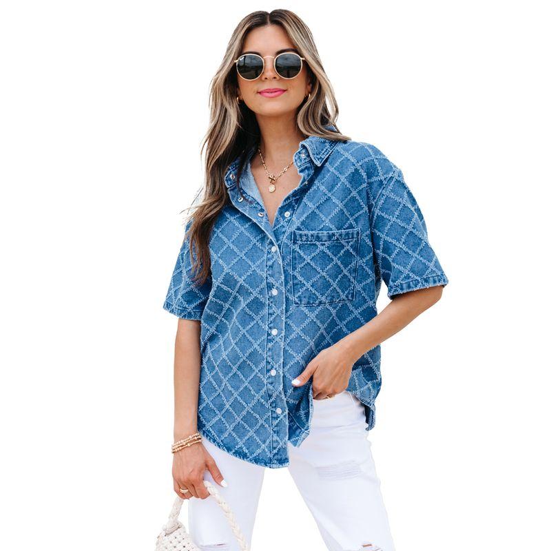 

American Shiying Trendy Plaid Texture Demin shirt Women 2025 Summer New Single-Breasted Short sleeve Shirt Blue XL code fits (70.00 kg-75.00 kg