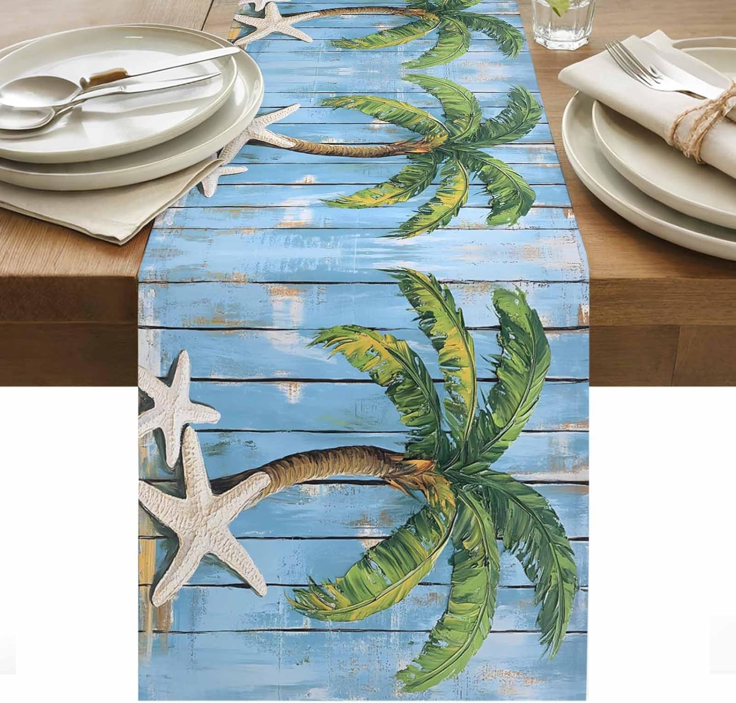 Chemin de table en lin Plante de palmier tropical Décor de fête Étoile de mer vintage Grain de bois bleu Chemin de table pour cuisine et salle à manger Décoration de maison 150x33cm