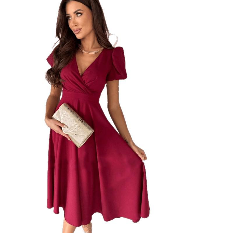 Summer 2025 Solid Color V-Neck Puff Sleeve Commuter Dress