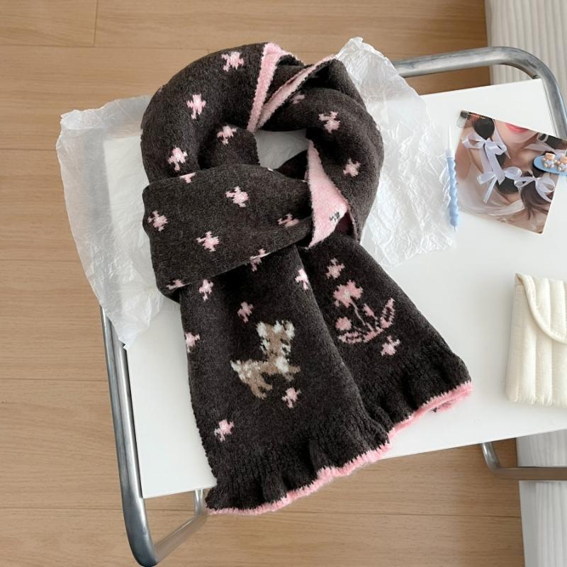Ladies' Scarves Korean Cartoon Deer Floral Kawaii Sweet Versatile Cute Scarfs Thicked Warm High-Quality Cashmere Knitted Scarfs