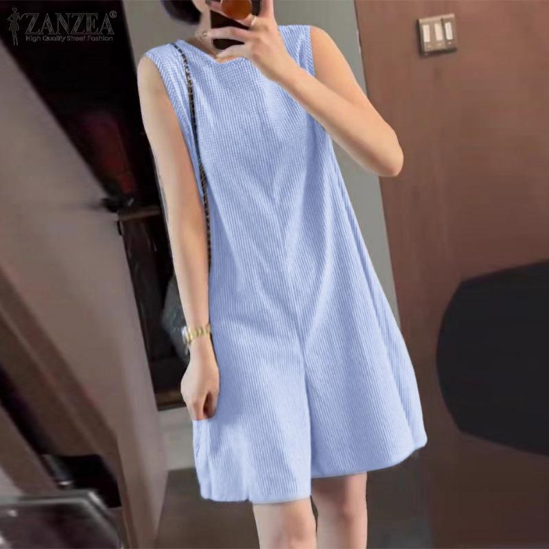 

ZANZEA Women Casual Square Collar Sleeveless Stripe Short Jumpsuits 5XL синій