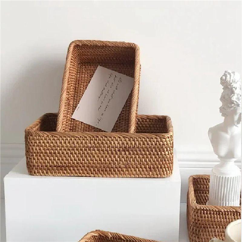 2X Hand-Woven Wicker Basket Fruit, Tea And Bread Basket Rectangular Storage Box For Cosmetics