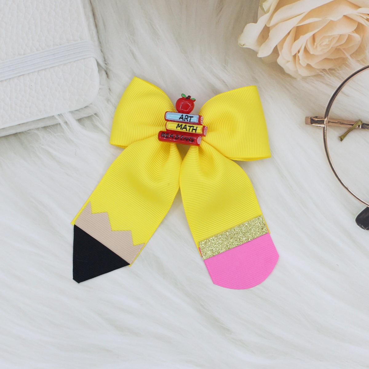 

Pencil Flower Ribbed Bow Hair Clip: Back-to-School Baby Headwear Accessory