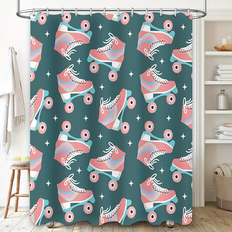 Retro Skateboard Pattern Shower Curtain Roller Skates Design Bathroom Decor for Kids Room Blue Pink Colorful Plaid Print Made in