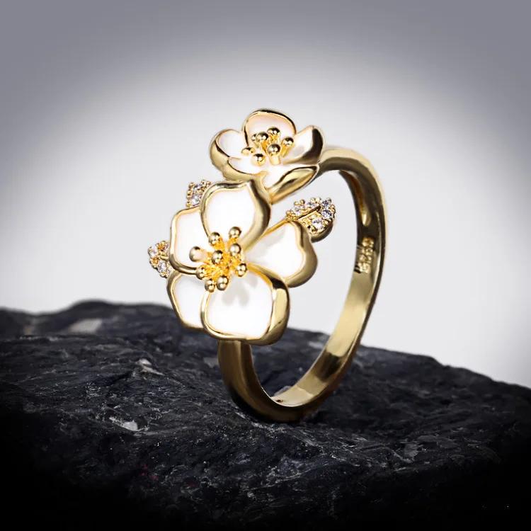 Zestaw dla Kobiet Modny Biały Pierścionek z Kwiatem Naszyjnik Kolczyki Sztyfty Ręcznie robiony Emaliowany Zaręczynowy Zestaw Trzech Sztuk