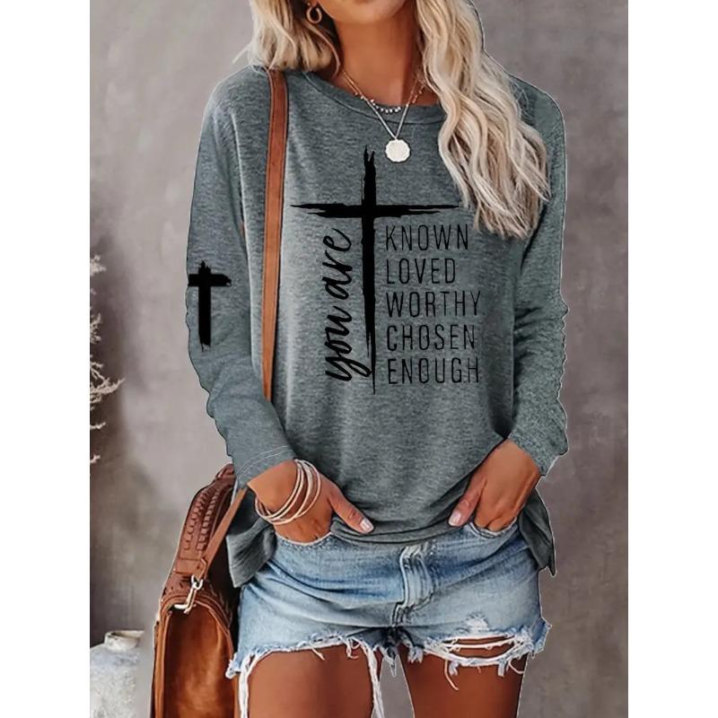 Cross Letter Printed Long Sleeved T-shirts for Women's Casual Multi-color Top