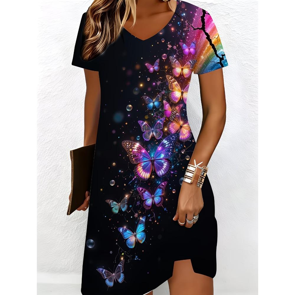 Summer Women's V-neck Short-sleeved Dress Elegant Floral Print Loose Casual Dress