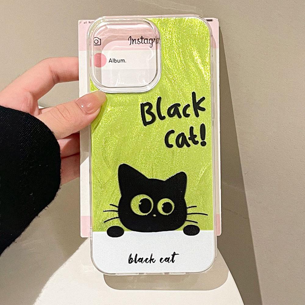 Green Cute Black Cat Camlet Texture Phone Case for Samsung Galaxy A55 A56 A36 A26 A16 A53 A06 A14 A24 A34 A54 A15 A25 A35 Cover