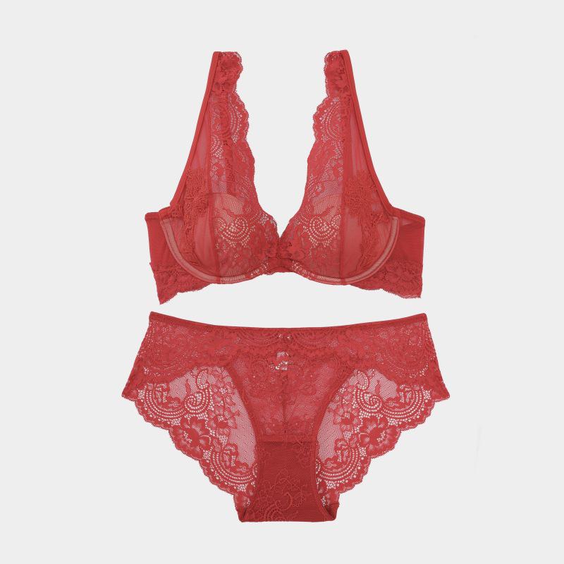 

Elegant French Lace Push-Up Bra Set: Soft, Underwire, Beautiful Back Design 34B/C червоний
