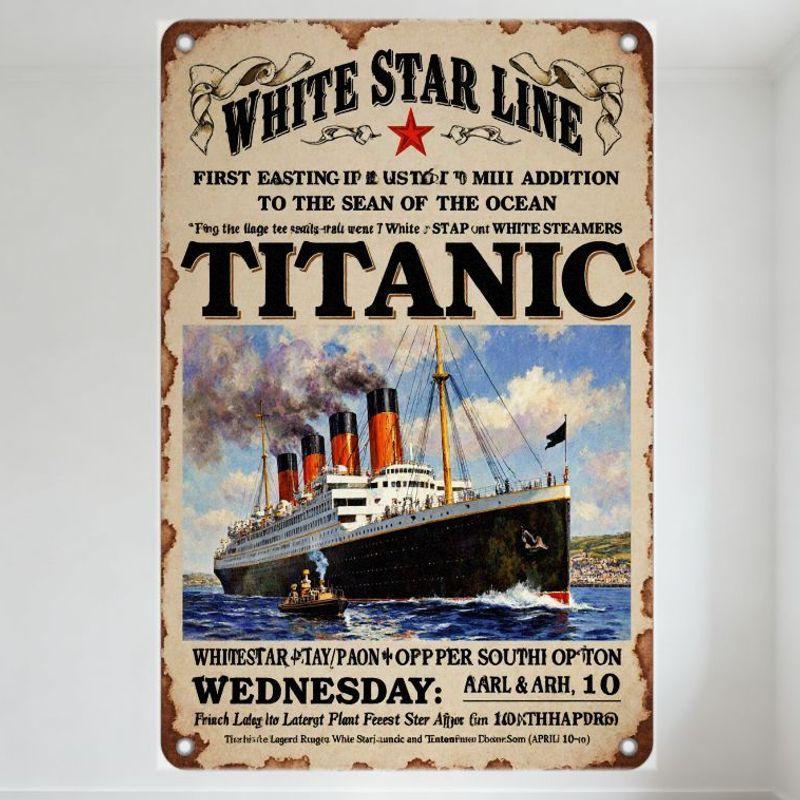 Vintage Biały Znak Blaszany Star Line Titanic, Retro Plakat Statku Oceanicznego dla Jaskini Mężczyzny, Baru, Kawiarni, Wystroju Domu, Postarzany Zniszczony
