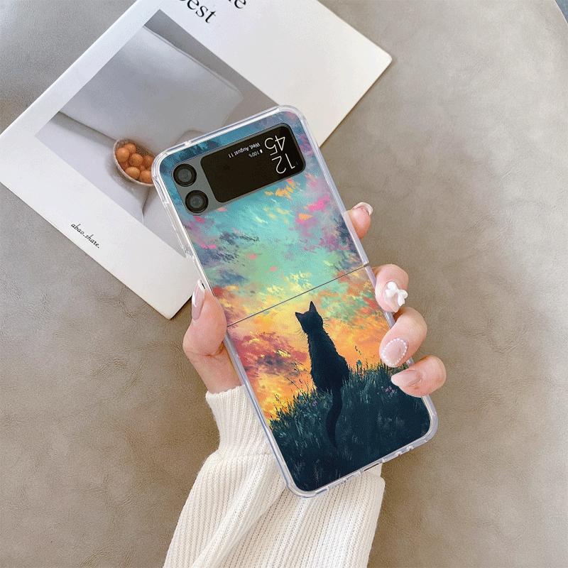 Oil Painting Black Cat Starry Sky Phone Case for Samsung Galaxy Z Flip 7 Flip 6 5 4 3 5G Folding Cover for Z Flip7 Flip5 Fundas