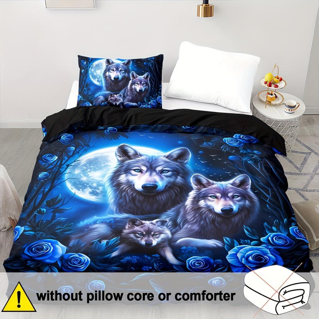 Comforter 2/3Pcs Soft Comfortable Wolf Bedding Set Set Blue Flower Bedding Set Wolves Animal Print Floral