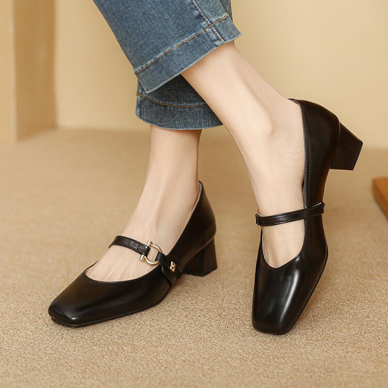 New casual mid-heel small leather shoes, black square heel low-top women's single shoes, women's shoes for all seasons, beef tendon soft sole squ