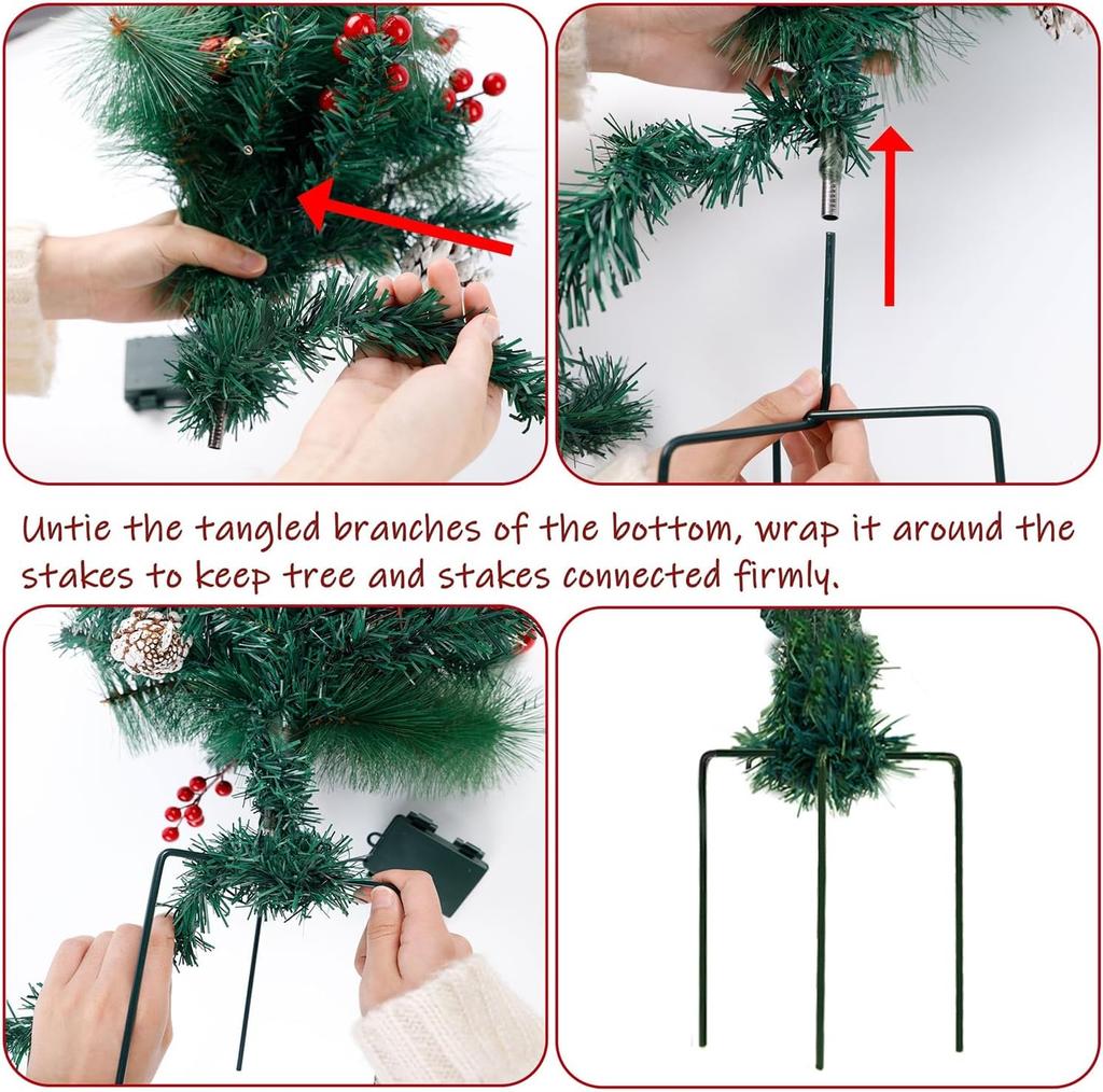 2 Pack 30' Pre-Lit Christmas Trees, LED Lights, Red Berries, Pine Cones, Battery Operated Yard Decor