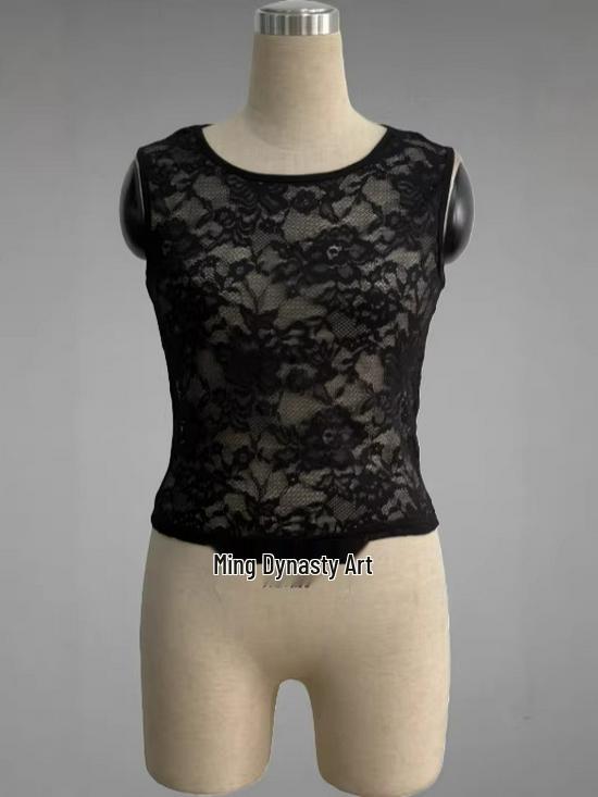 Frühlings-Französische Spitze Ärmelloses Slim-Fit Netzoberteil
