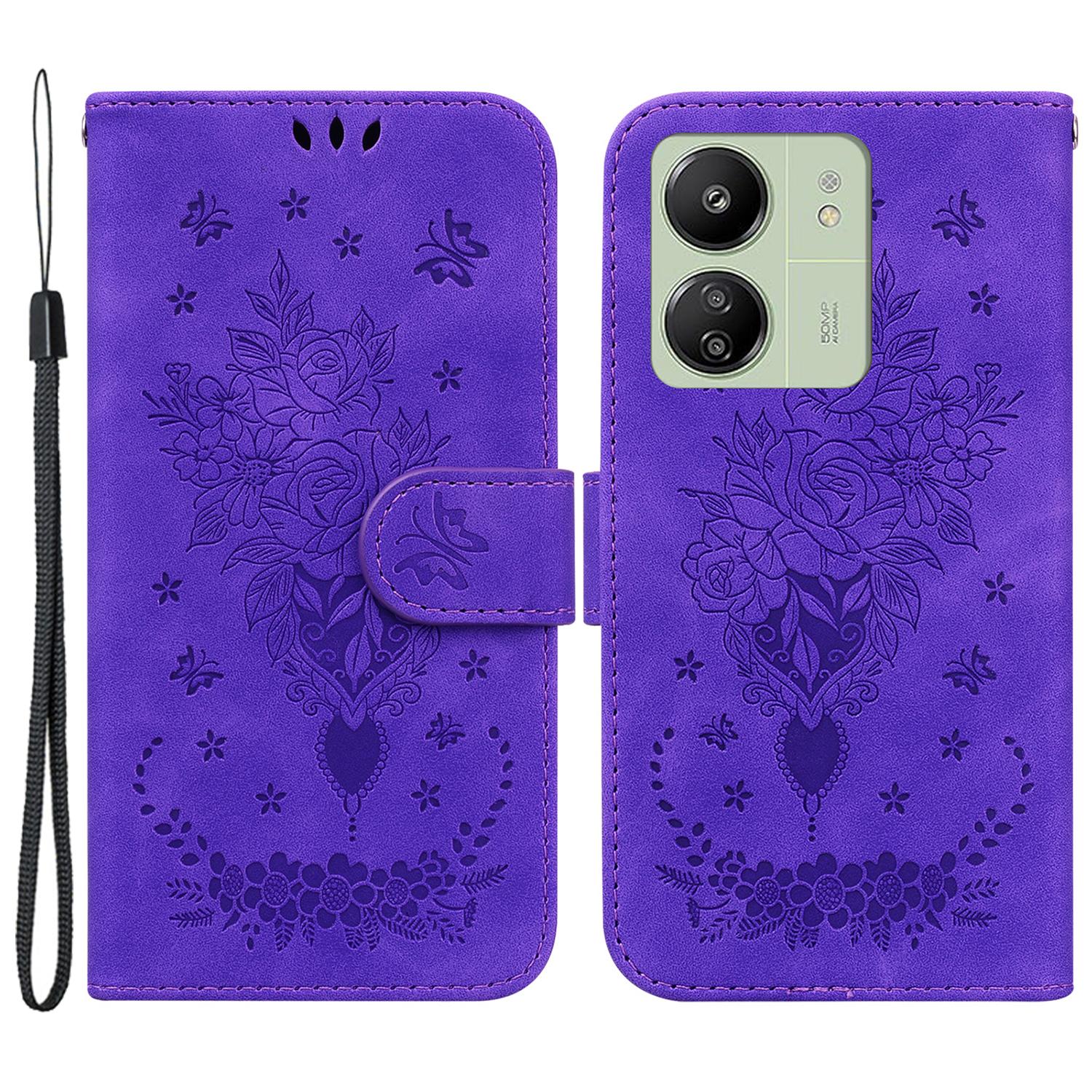 

For Xiaomi Redmi 13C 4G/13C 5G/Poco C65 4G/Poco M6 5G/13R 5G Case Rose Butterfly Imprinted Protective Cover with Card Slots D