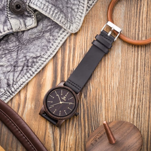 MUJUZE Men's and Women's Wooden Watch with Handcrafted Leather Band, Casual, Business, and Sports Style, Japanese Quartz Movement, Lightweight (Ebony)